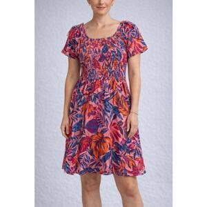 Terra & Sky Plus Size Flutter Sleeve Smart, Pink, Tropical Floral Midi Dress 1x